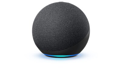 Closeup of Amazon Alexa speaker on white space.