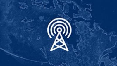 A blue map of Canada with a 2D a cellular tower emitting radio waves superimposed on top.