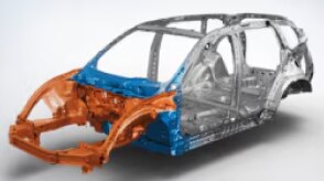 3/4 front view of Civic Hatchback body structure on white space.