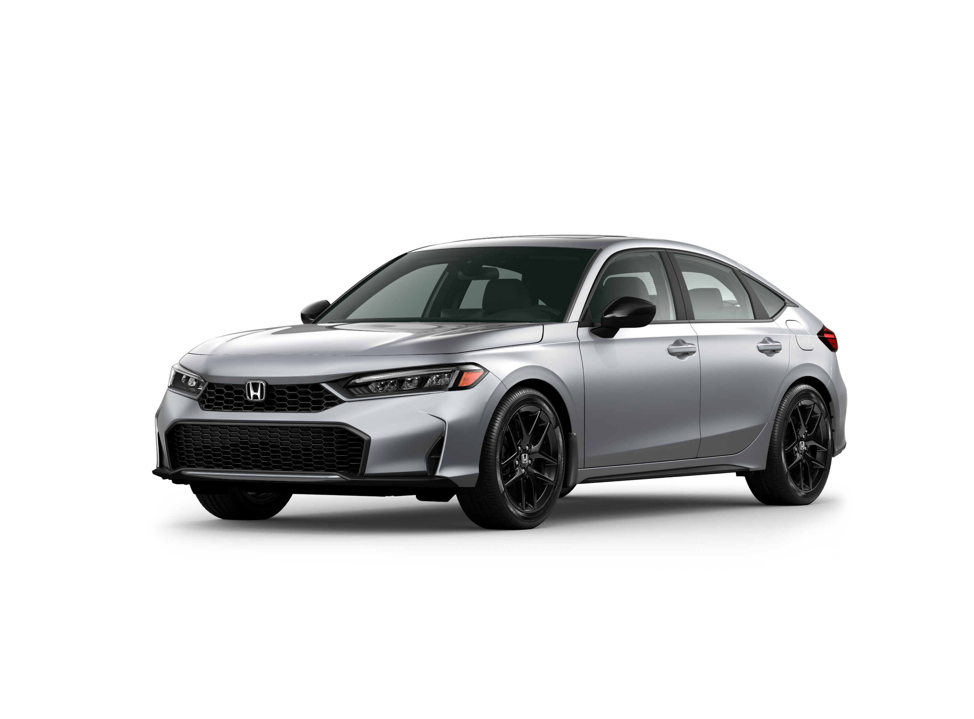 ¾ driver side front facing view of 2025 Civic Hatchback Sport model in Solar Silver Metallic colour