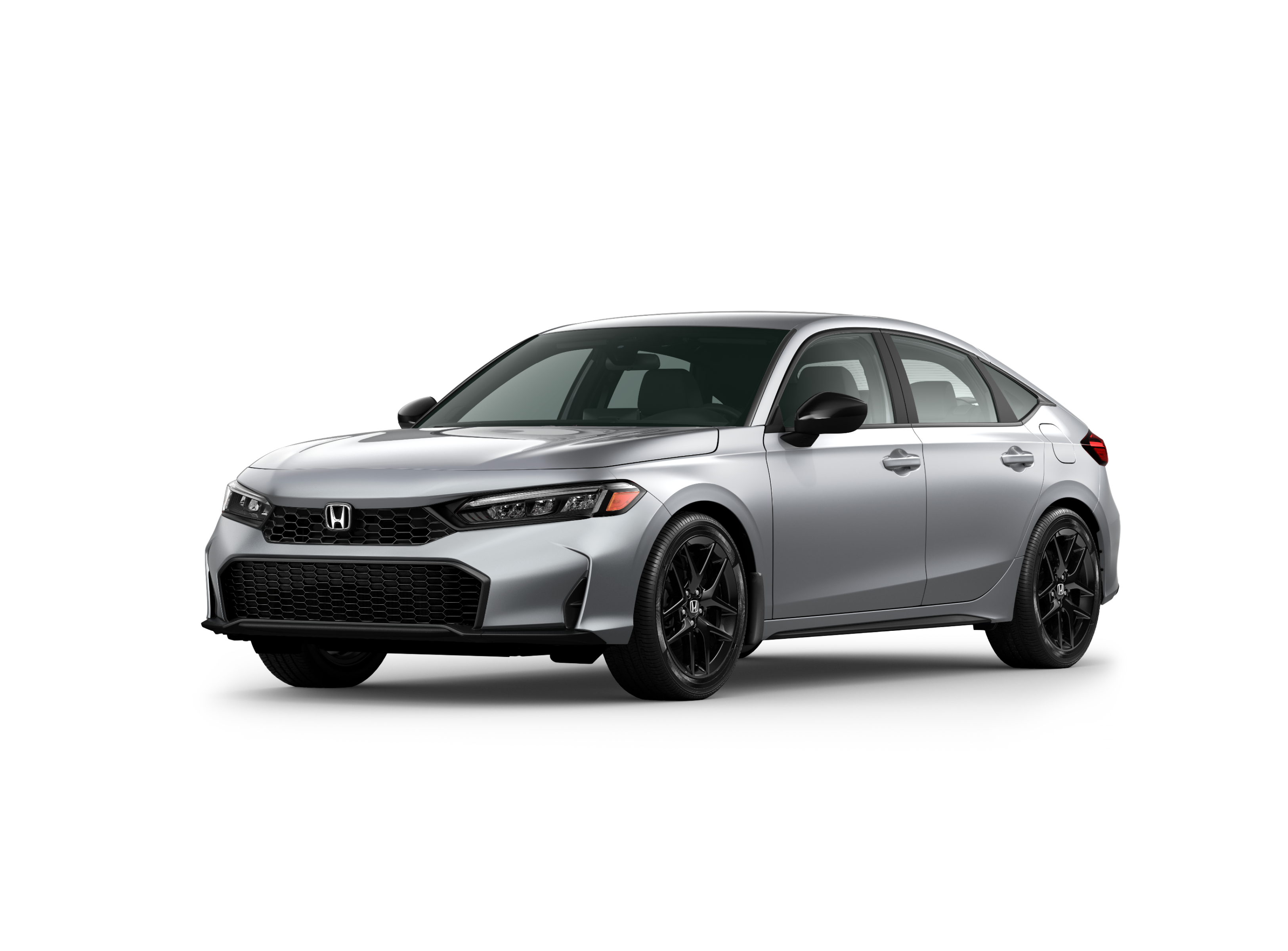 ¾ driver side front facing view of 2025 Civic Hatchback Sport model in Solar Silver Metallic colour