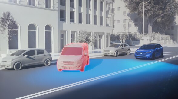 Graphic illustration of a a vehicle with blue lights emenating from the front on a city street, detecting a potential collision. 
