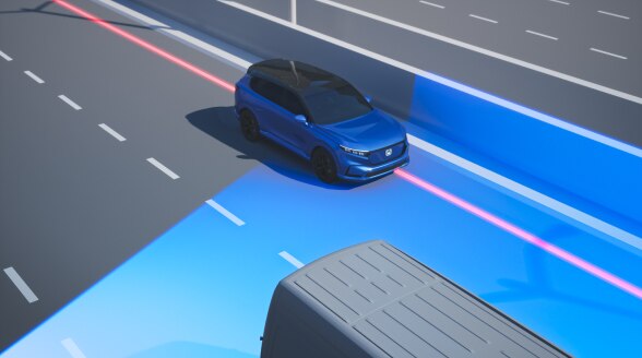 Overhead image of blue CR-V on a city highway with blue  graphic overlay demonstrating a vehicle drifting out of the lane on a highway. 