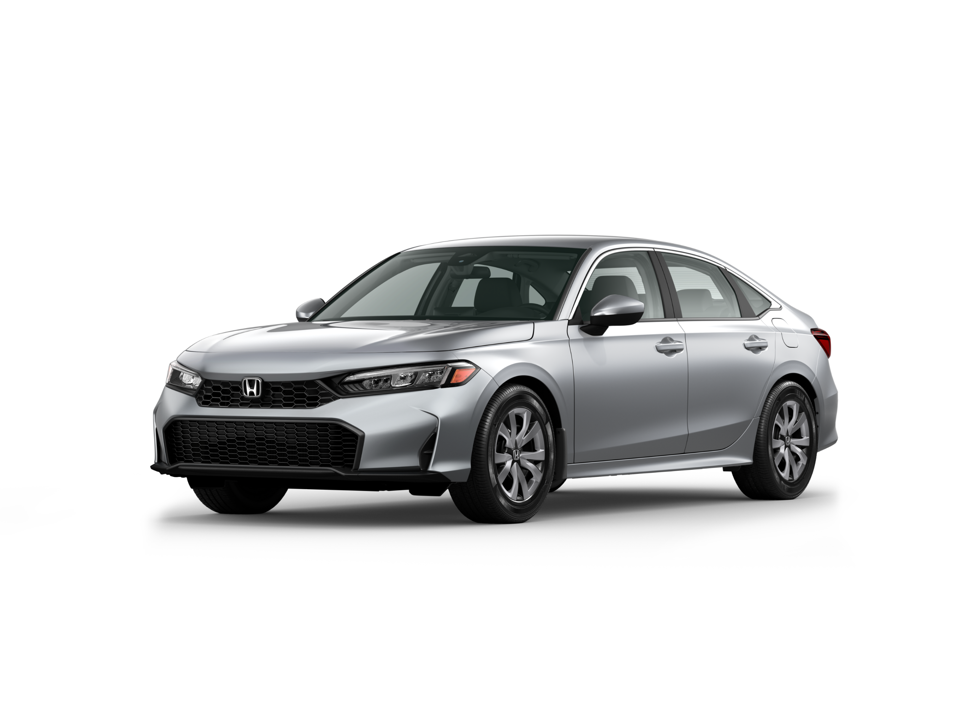 ¾ driver side front facing view of 2025 Civic Sedan LX model in Solar Silver Metallic colour