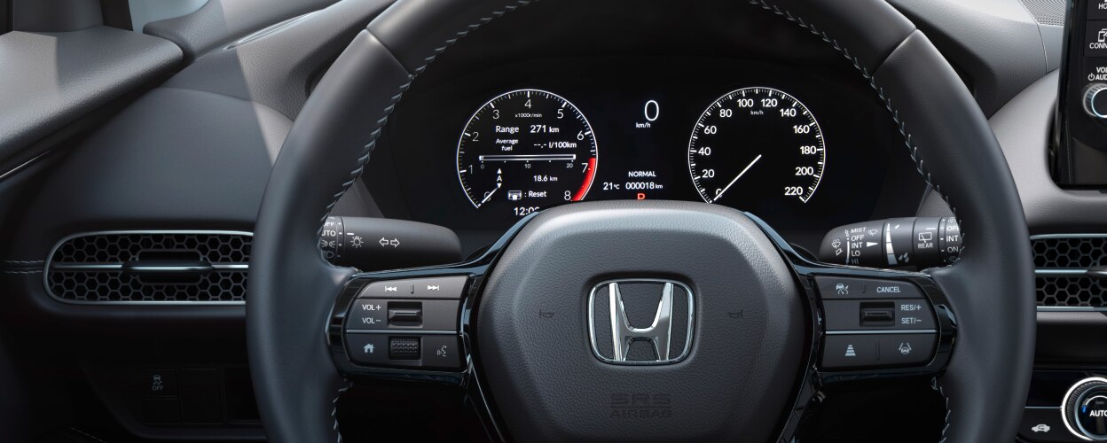 Closeup of steering wheel.