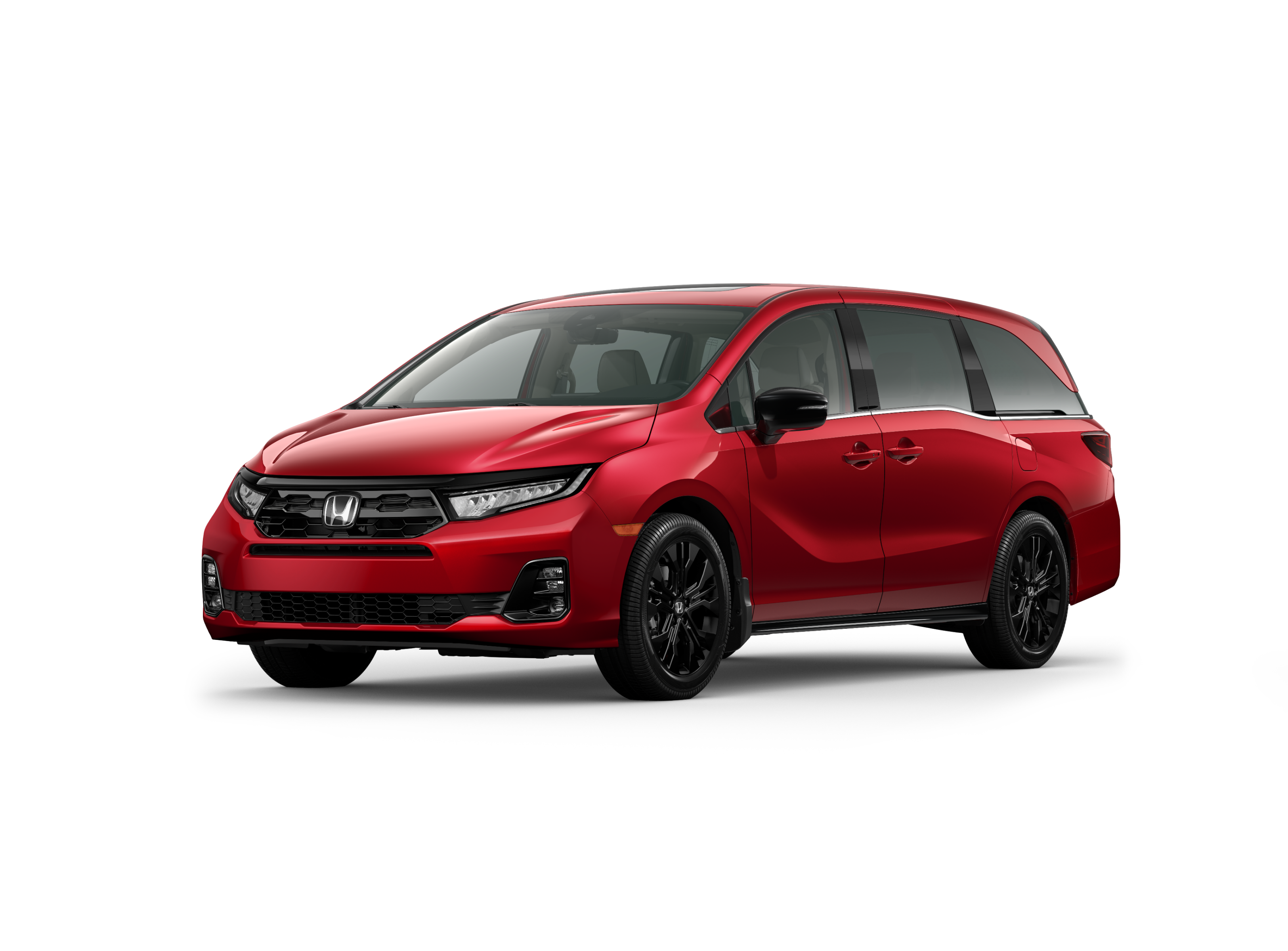 ¾ driver side front facing view of 2025 Odyssey Black Edition model in Radiant RedMetallic II colour