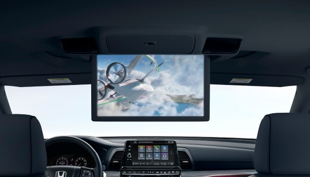 Interior closeup view of video playing on the ceiling display screen.