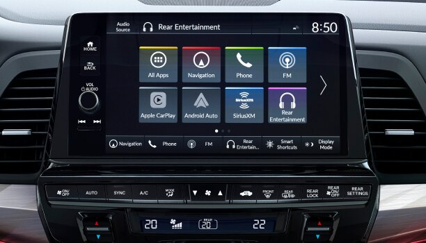 Closeup of main menu on centre console touchscreen.