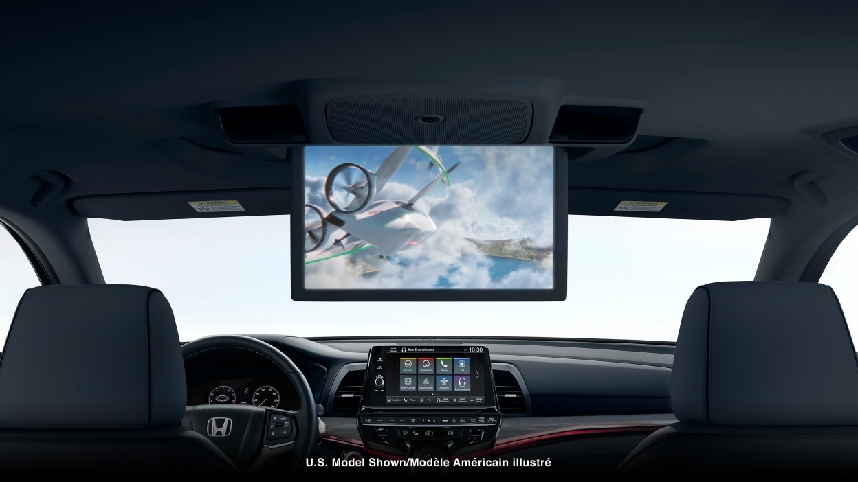 Interior closeup view of video playing on the ceiling display screen.