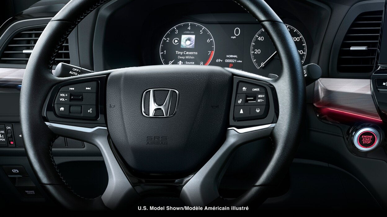 Closeup of steering wheel.