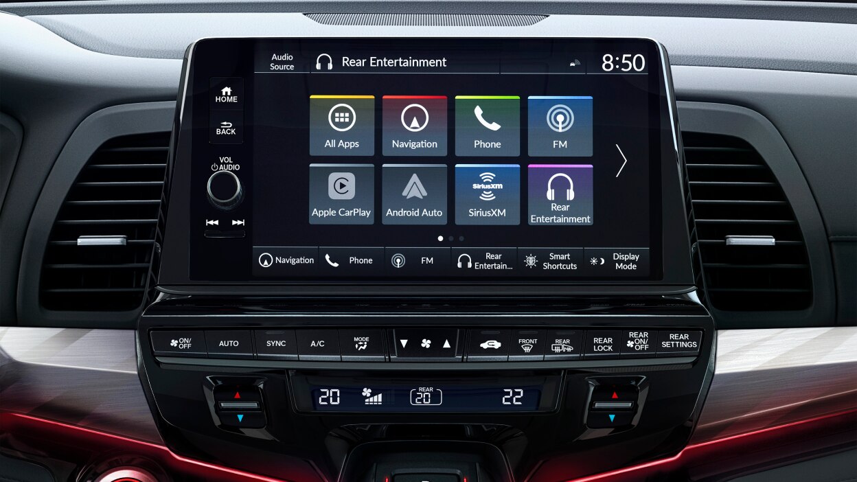 Closeup of main menu on centre console touchscreen.