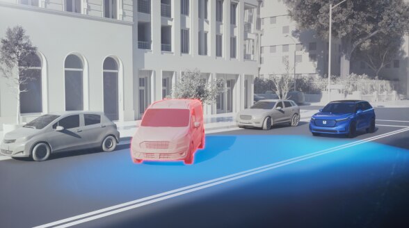 A rendered depiction of a vehicle on a city road demonstrates Forward Collison Warning with blue lights emenating from the front of the vehicle. 