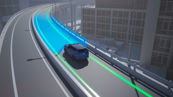 Distant overhead view of a vehicle on a highway with blue sensor waves and lines emitting from the front.