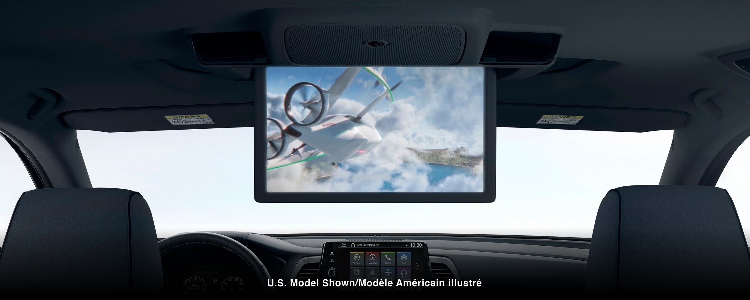 Interior closeup view of video playing on the ceiling display screen.