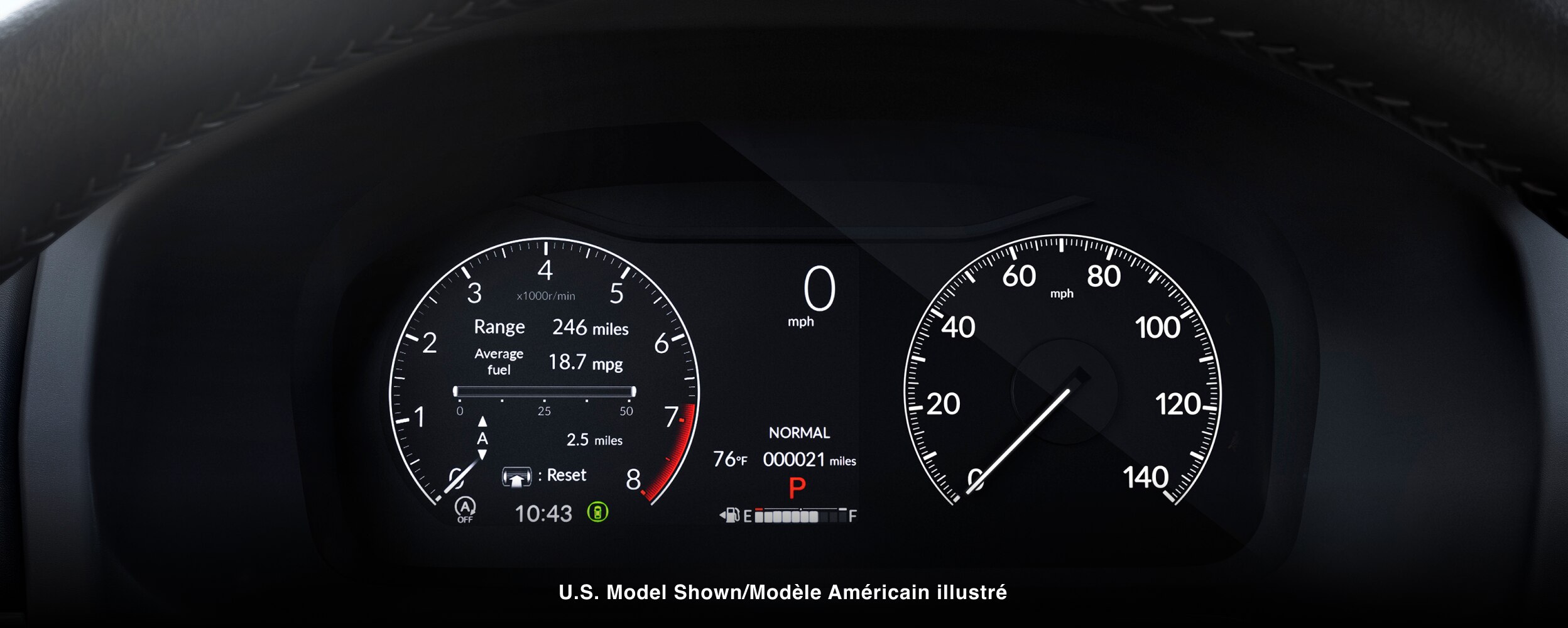 Closeup of TFT screen showing odometer, tachometer, fuel gauge, and more.