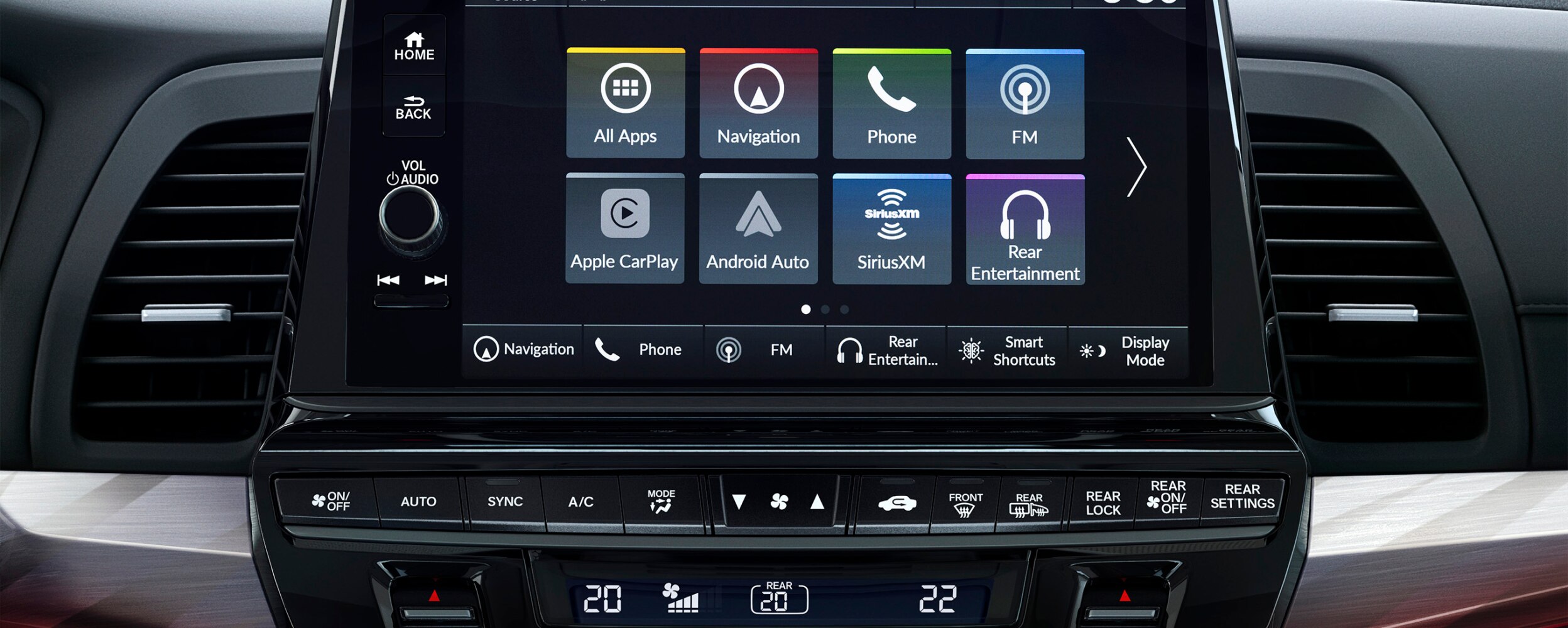 Closeup of main menu on centre console touchscreen.