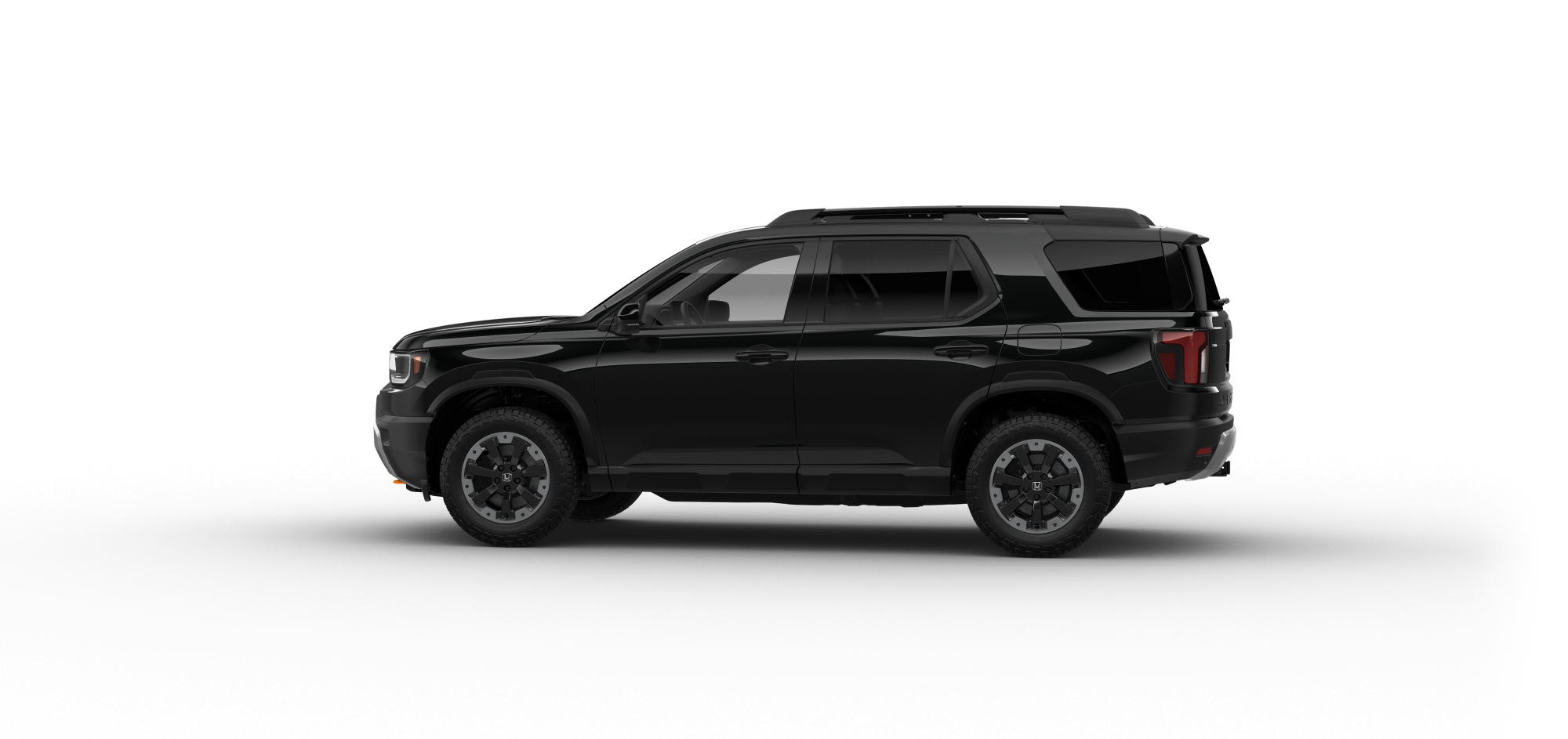Side driver-side view of 2026 Passport Trailsport Touring in Crystal Black Pearl colour on white space. 