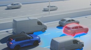 Illustration shows cars on a highway with a Passport utilizing Forward Collision Warning. 