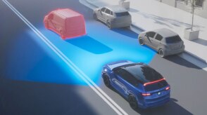 Illustration shows A Honda Passport on a road with blue light beams smitting from the front. 