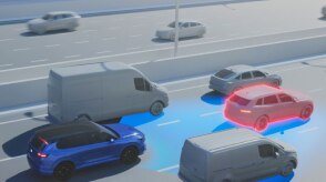 Illustration shows cars on a highway with a Passport utilizing Forward Collision Warning. 