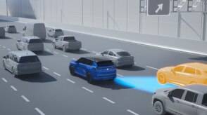 Illustration shows a Honda Passport on a road with blue light beams smitting from the rear. 