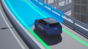 Illustration shows a rear-view of a Honda Passport with blue lights eminating from the front