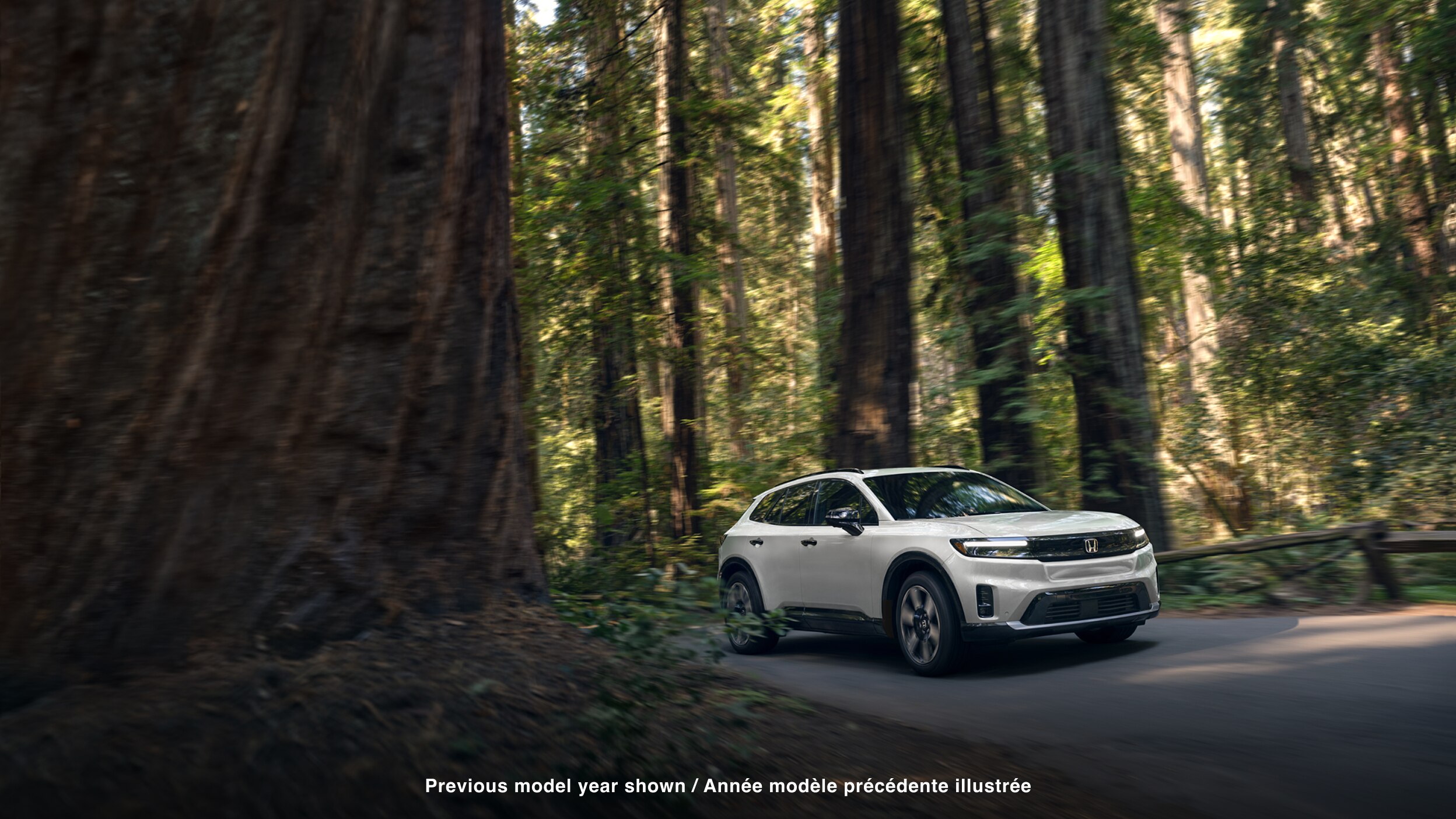 3/4 front side view of white Prologue driving on paved road in a temperate forest.