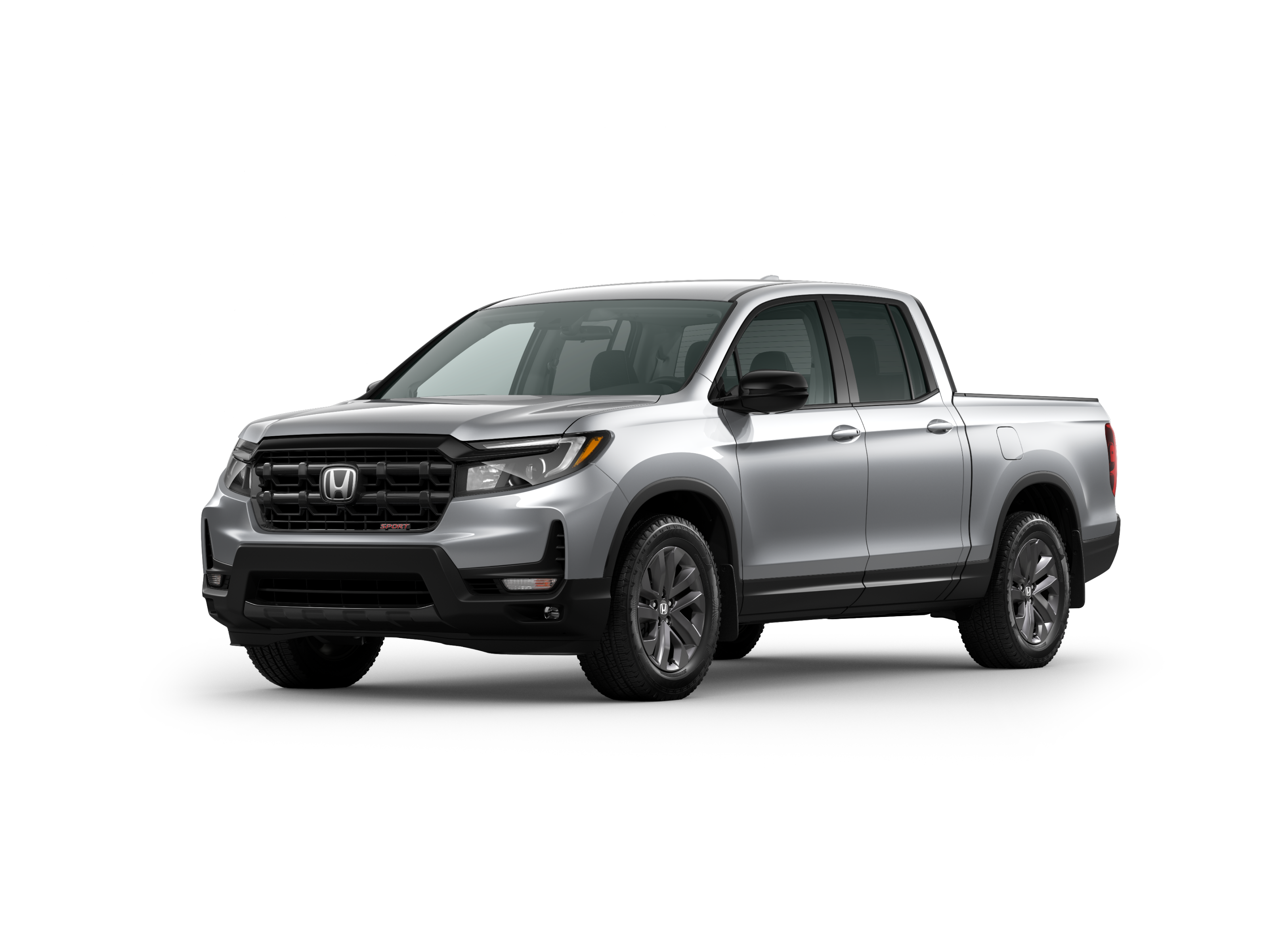 ¾ driver side front facing view of 2025 Ridgeline Sport model in Solar Silver Metallic colour