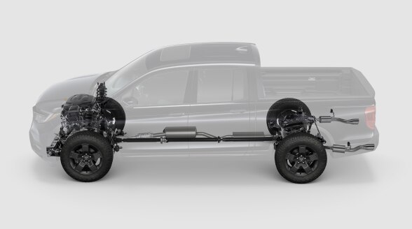Side view of a translucent Ridgeline on a white background highlighting the tires, braking system, engine and part of the chassis.