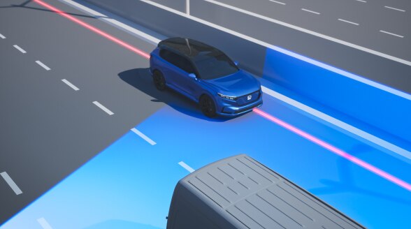 Bird's eye view of a digital rendering showing a vehicle with blue lights emenating from the front and side to indicate lane drifts. 