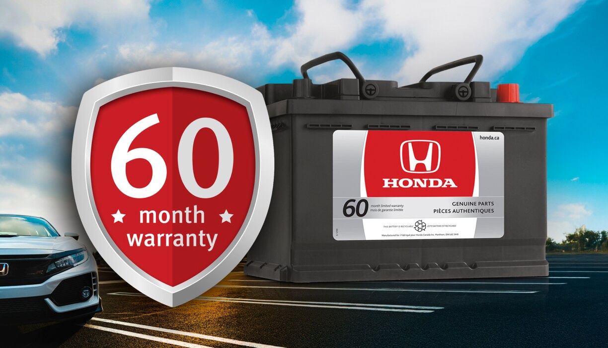 Honda battery beside a badge that reads 60-month warranty. 