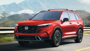 Red CR-V driving on a forest highway.